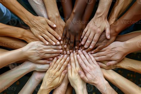 Diverse hands joined together in unity and support. Symbolizing unity ...