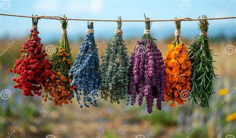 Dried Herbs Hanging Outdoors. a Line of Dried Herbs Hangs from a Rope ...