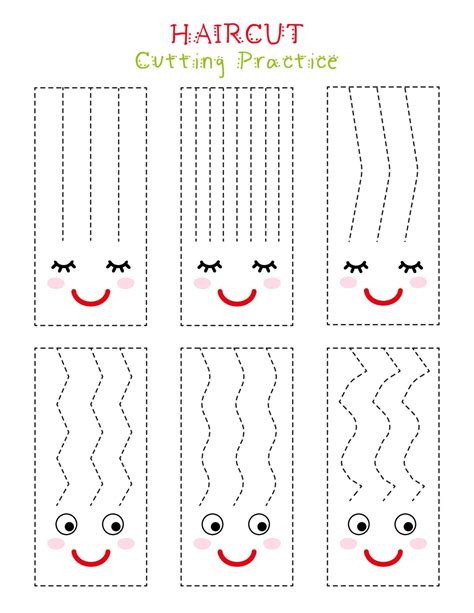 Cutting practice worksheet for kids. Funny haircut activity. Scissor ...