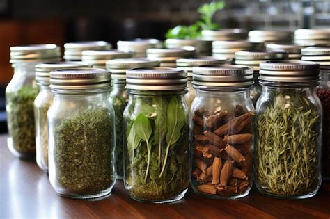 Premium AI Image | Dried herbs stored in clear glass jars