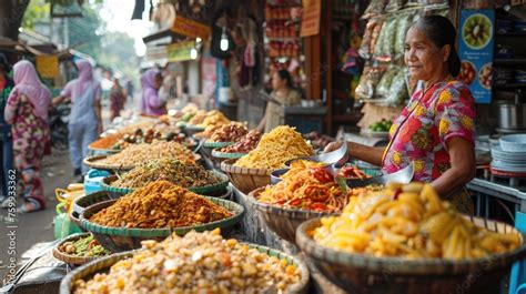 A local food market scene, with vendors from various cultures selling ...