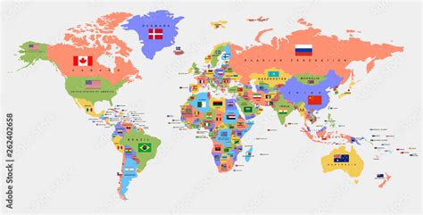 Color world map with the names of countries and national flags ...