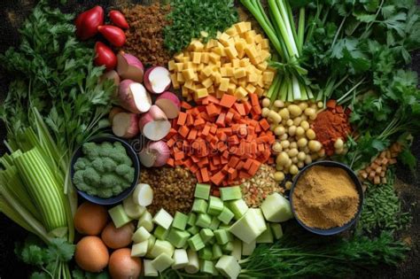 Freshly Chopped Vegetables, Herbs, and Spices Arranged for Stew Stock ...