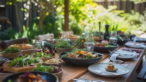 Rustic Outdoor Farm-to-Table Dining Experience in Garden Setting Stock ...