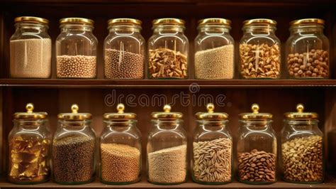 Kitchenware, Glass Jars with Beans, Pasta and Grains on Metal Green ...