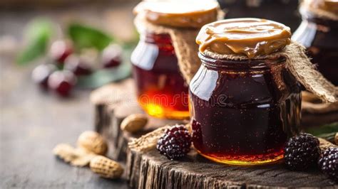 Rustic Homemade Fruit Preserves with Berries and Nuts on Wooden Table ...