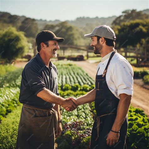 Premium Photo | A chef and a farmer shaking hands in front of a lush ...