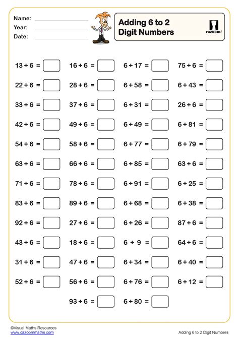 Adding 6 to 2 digit numbers Worksheet (50 questions) | Key Stage 1 PDF ...