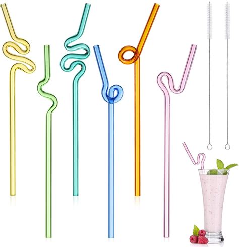 Amazon.com: Yinkin 6 Pcs Wavy Glass Straws Reusable Curved Straw ...