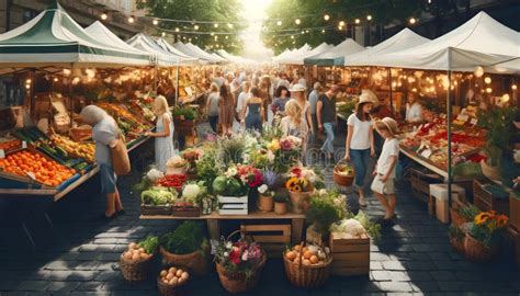 Bustling Farmers Market with Fresh Produce and Flowers Stock ...