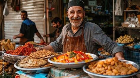 A local food market scene, with vendors from various cultures selling ...
