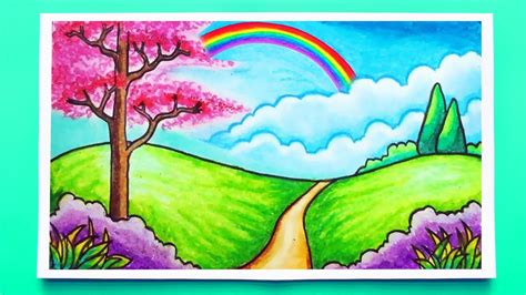 Rainbow Scenery Drawing | Landscape drawing with Mountain and Rainbow ...