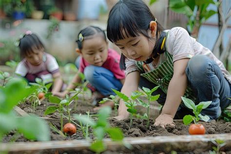 A group of young children working in a garden | Premium AI-generated image
