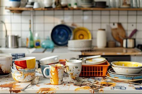 Messy Kitchen Counter with Dirty Dishes and Utensils Stock Illustration ...