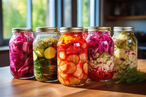 Fermented Vegetables in Jars on Kitchen Table Stock Illustration ...