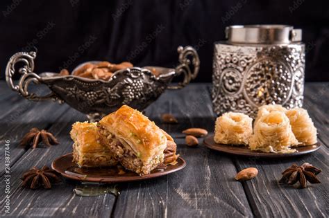 Close up. Still life. Eastern honey sweets. Turkish traditional baklava ...