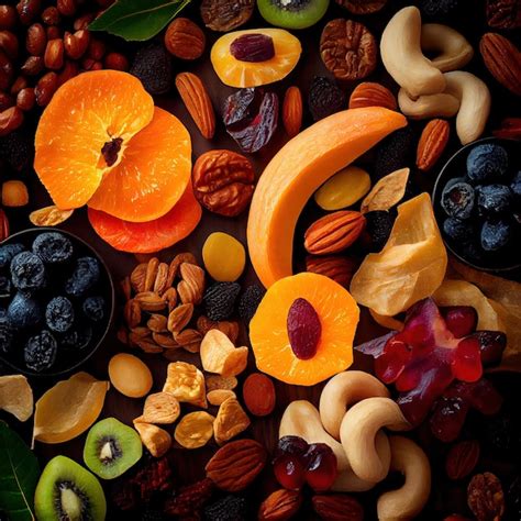 Premium Photo | Assortment of tasty dried fruits and nuts generative ai