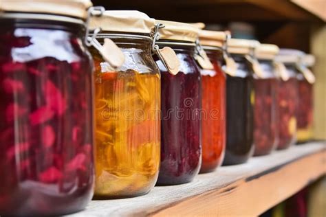 Fermented Vegetables in Glass Jars on Wooden Shelf Stock Image - Image ...