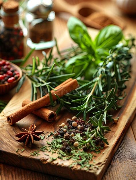 Fresh Rosemary, Thyme, and Basil Sprigs with Dried Cinnamon Sticks ...