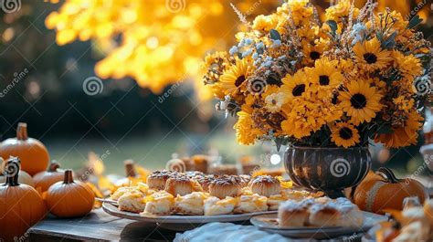 Fall Gathering with a Festive Autumn Spread Featuring Flowers, Pumpkins ...