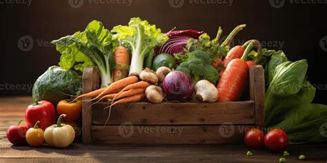 Organic Vegetables In Harvest Basket. Rustic Wooden Box With Fresh ...
