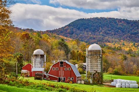 Farm with Red Barn and Silos in Vermont Stock Image - Image of clouds ...