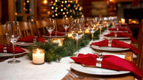 Festive Holiday Table Set with Red Napkins and Evergreen Centerpiece ...