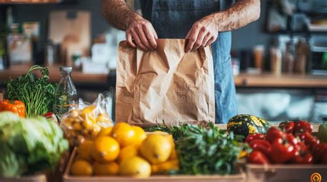 Farmer Packing Fresh Produce into a Paper Bag at a Market Stock Photo ...