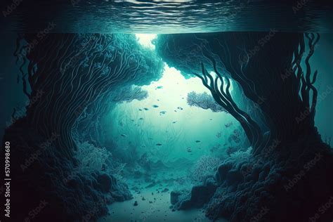 Underwater deep-sea gorge. Underwater deep ocean world, light on the ...