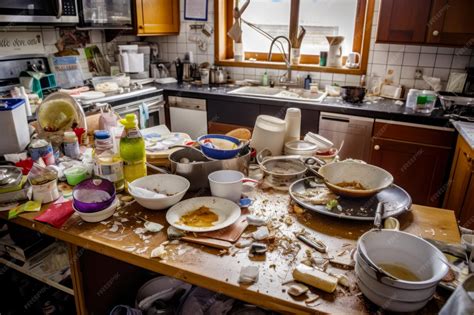 Premium Photo | Messy kitchen with dirty dishes on the counter and ...