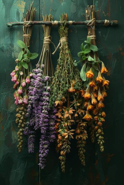 Premium Photo | Various dried herbs hanging on wall