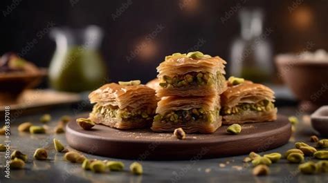 Pistachio baklava on Dark background. Traditional Middle Eastern ...
