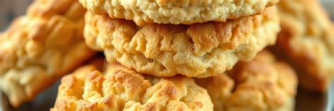 Freshly Baked Biscuits Stacked High on a Rustic Wooden Surface Stock ...