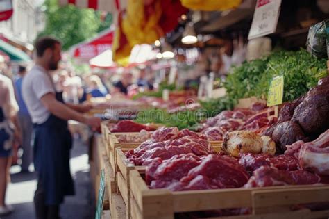 Fresh Meat Displayed at a Vibrant Market. this Image Captures the ...