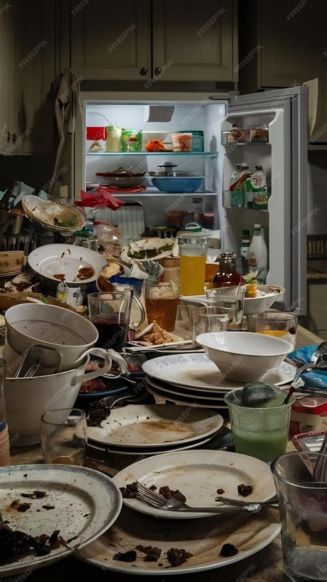 Messy kitchen with dirty dishes on the counter and dishes on the ...