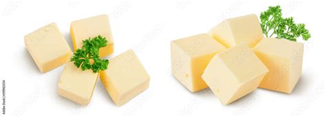 butter cubes isolated on white background with full depth of field. Top ...