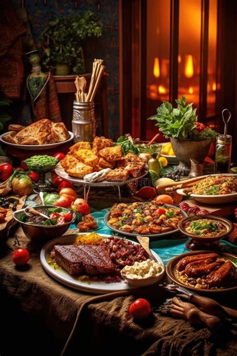 Delicious Holiday Feast with Traditional Dishes on Table Stock ...