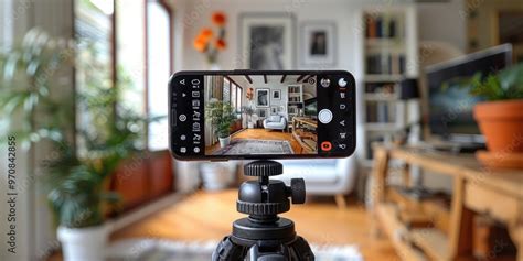 Mobile filming setup captures a cozy living room scene with stylish ...