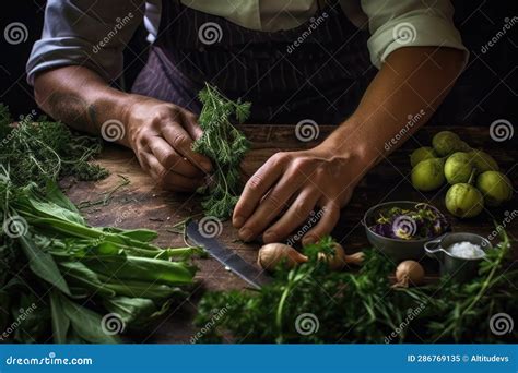 Chefs Hands Holding Knife, Slicing through Fresh Herbs Stock ...