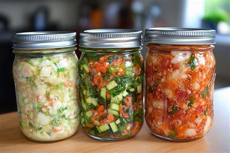 Homemade Fermented Vegetables in Jars on Kitchen Counter Stock Image ...