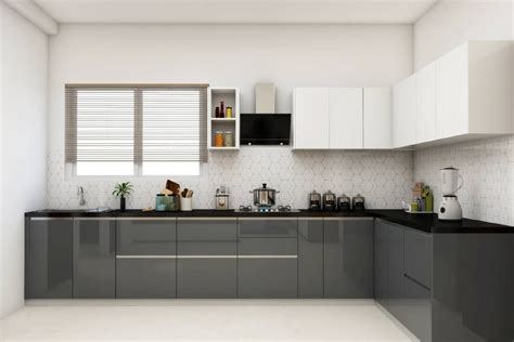 Dark Grey L-Shaped Kitchen Design With Glossy Laminates | Livspace