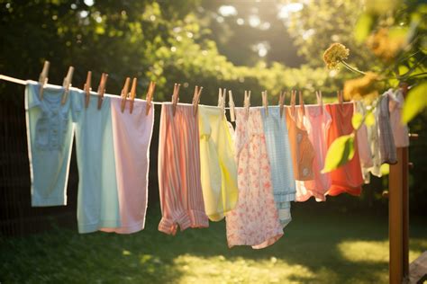 Laundry drying on a clothesline in the sun light. children's colorful ...