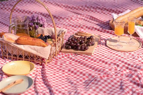 Picnic Lunch Meal Outdoors Park with food picnic basket. enjoying ...