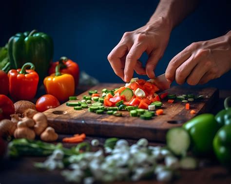 Premium AI Image | A chef's hand chopping fresh vegetables on a wooden ...