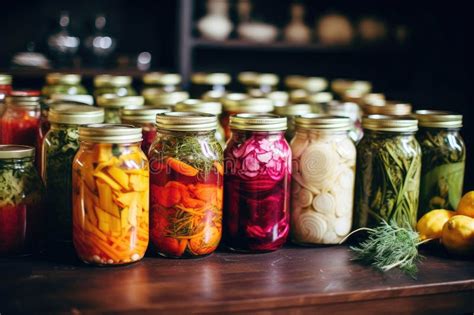 Fermented Vegetables in Jars on Kitchen Table Stock Illustration ...