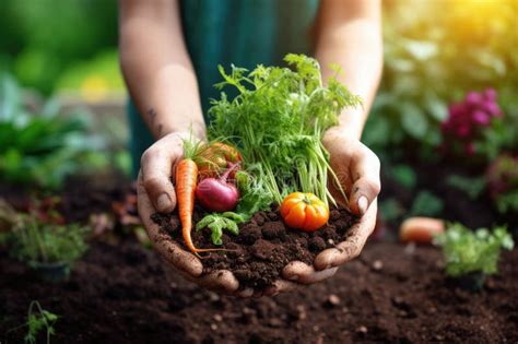 Close-Up of Gardener& X27;s Hands Holding Compost with Vegetable Garden ...