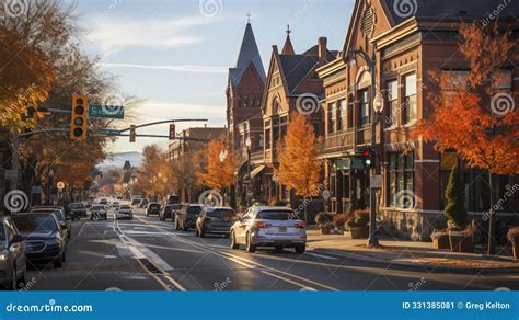 Charming Small Town Street in Autumn with Historic Buildings Stock ...