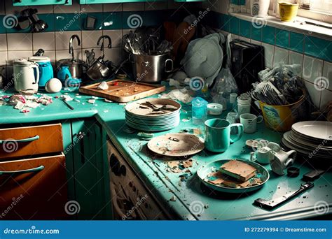 Kitchen Mess in Kitchen with Turquoise Countertop on Which Stands ...