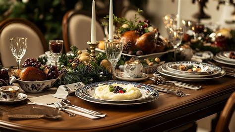 A Festive Dining Table with a Holiday Meal Spread, Featuring Turkey ...
