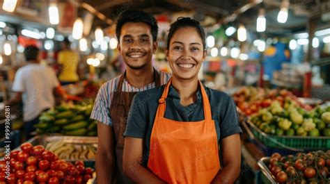 A joyful couple exploring a vibrant local market savoring delectable ...